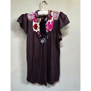 One September Womens Split Neck Short Sleeve Embroidered Top Size P Brown/Multi